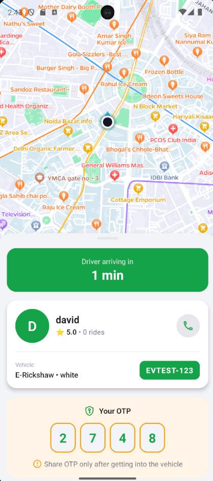 MacroRides app showing the assigned driver arriving