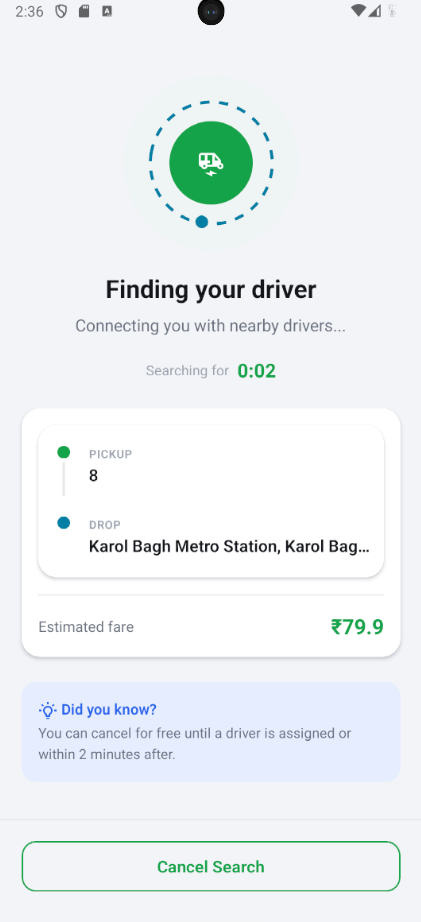 MacroRides app searching for a nearby driver