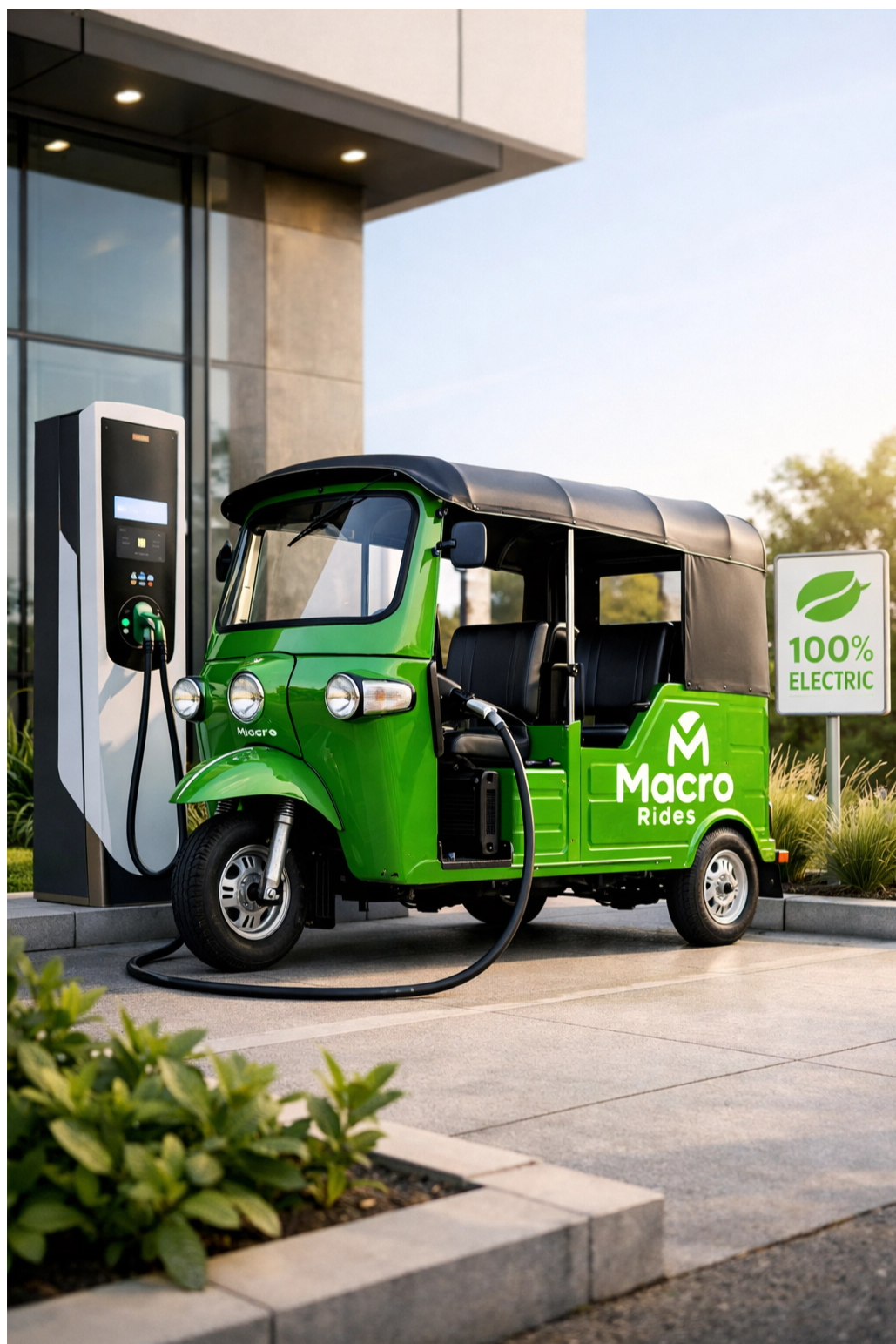 A MacroRides electric rickshaw plugged into a charging point